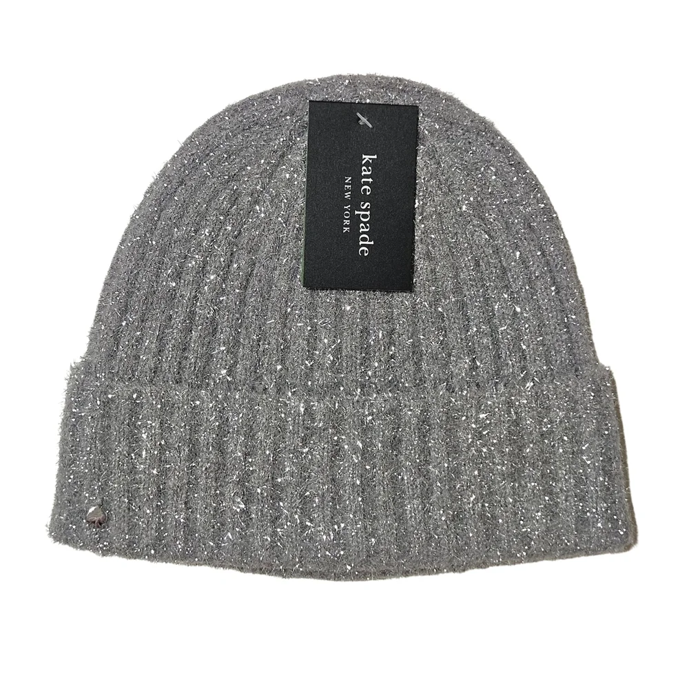 Kate Spade Beanie Hat Heather Grey Tinsel Knit Holiday Party Winter Outdoor Gift